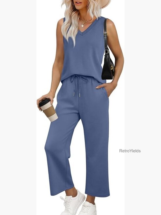 Pants - Two Piece Lounge Set - Summer V-Neck Matching Outfit